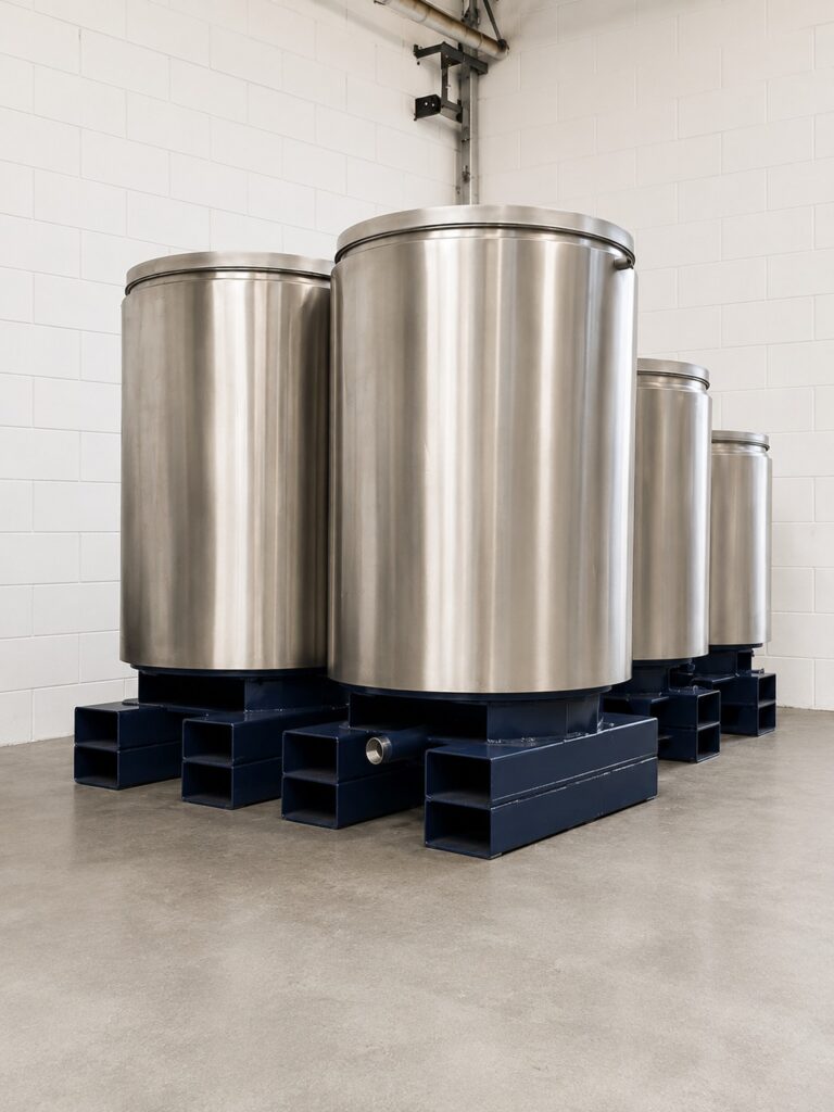 Tanques verticais em aço inox com base estrutural reforçada - Caldeiraria em SP