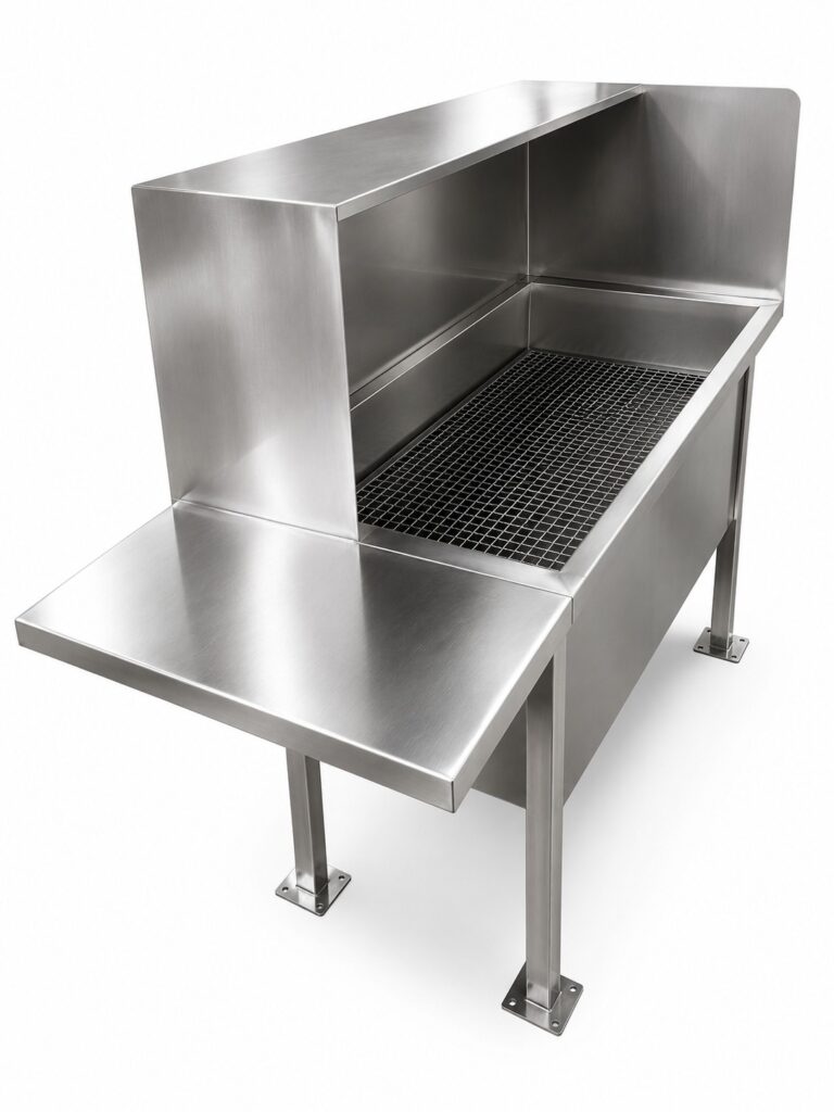 Bancada industrial em aço inox com cuba e grade para higienização e manipulação